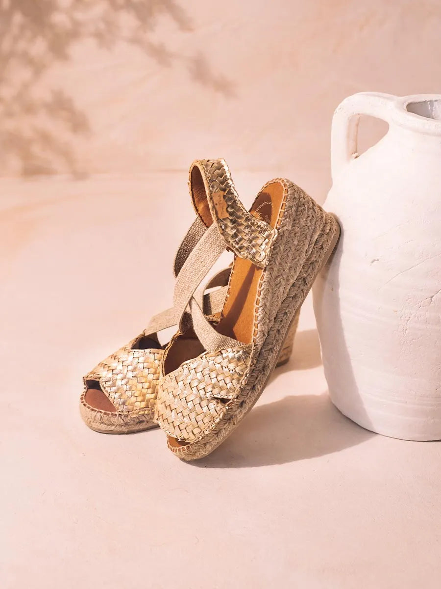 Toni Pons Salina espadrille cuir tressé compensée platino