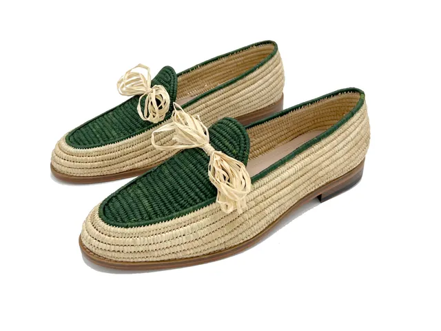 Contre-Allée Bernoussi mocassin raphia vert naturel