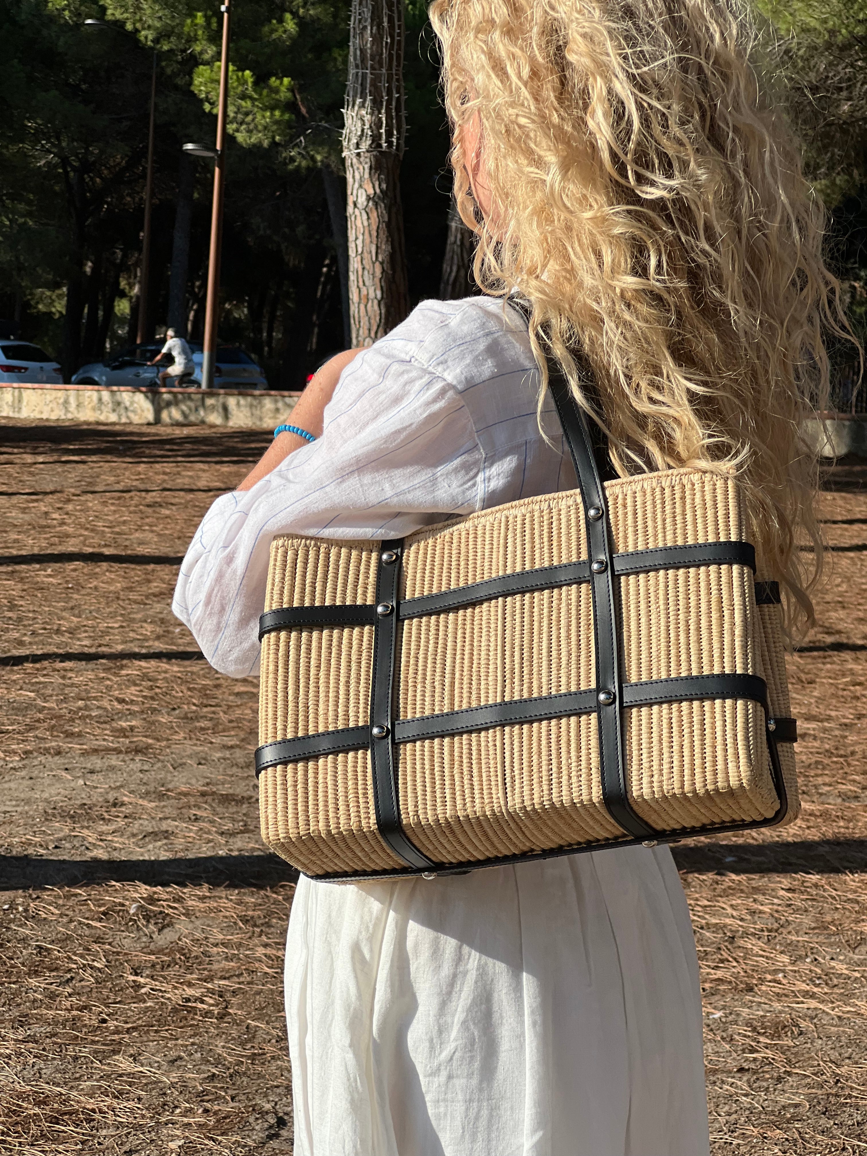 Contre-Allée Safi sac tote raphia cuir naturel