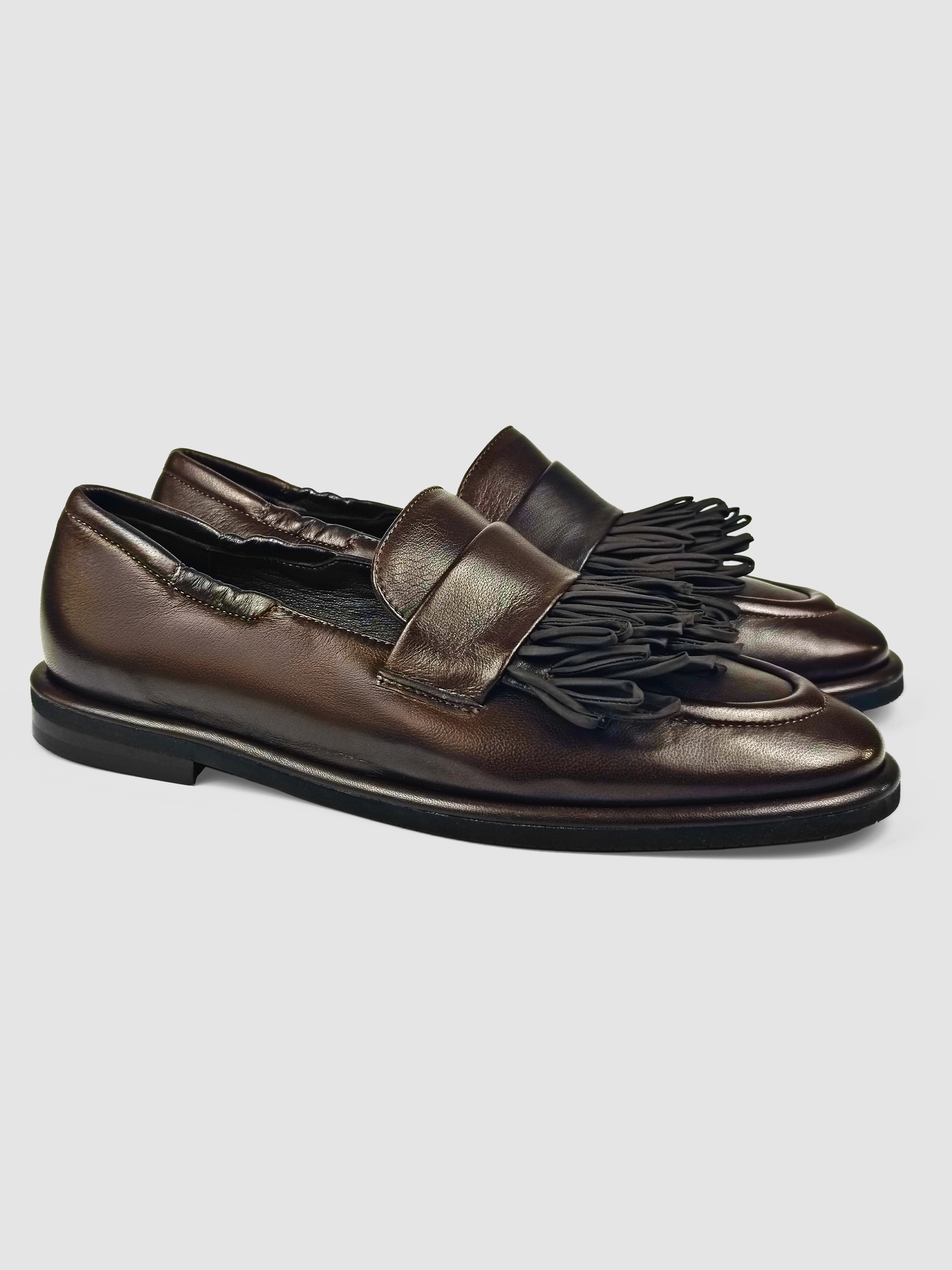 Lorena Paggi Frangia mocassins cuir marron foncé