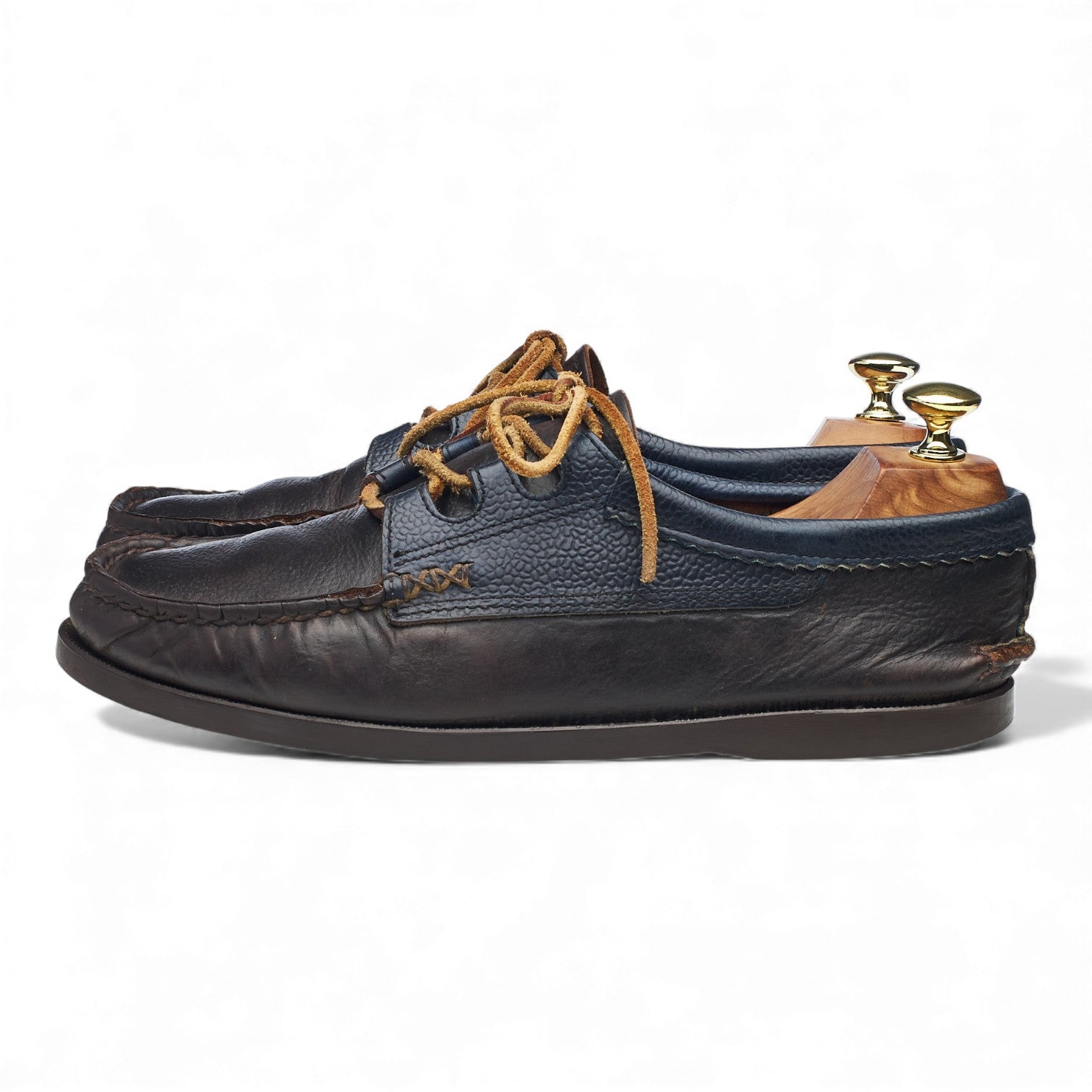 Yuketen Ghillie Moc chaussures bateau cuir marron bleu UK 7