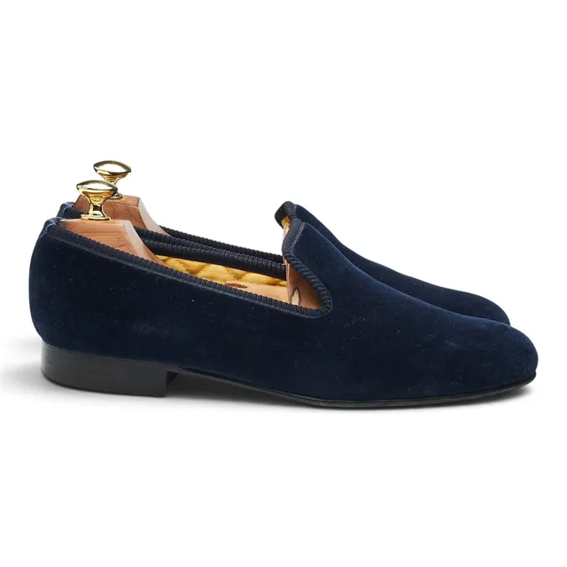 New & Lingwood Albert pantoufles velours bleu marine UK 8