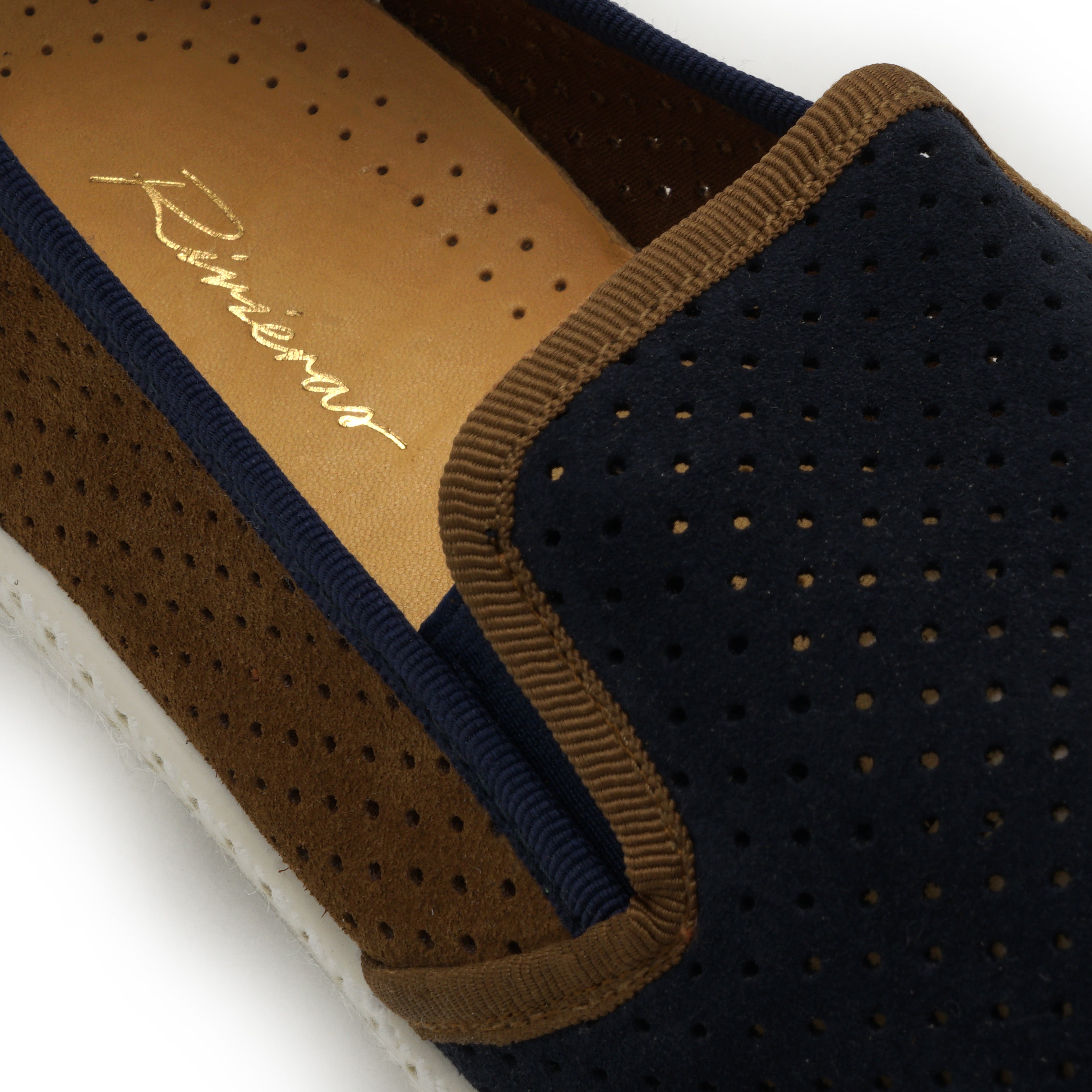 Rivieras Classic Daim Match espadrilles marine marron perforé