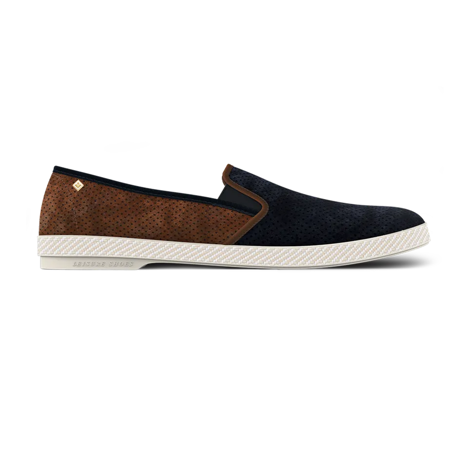 Rivieras Classic Daim Match espadrilles marine marron perforé