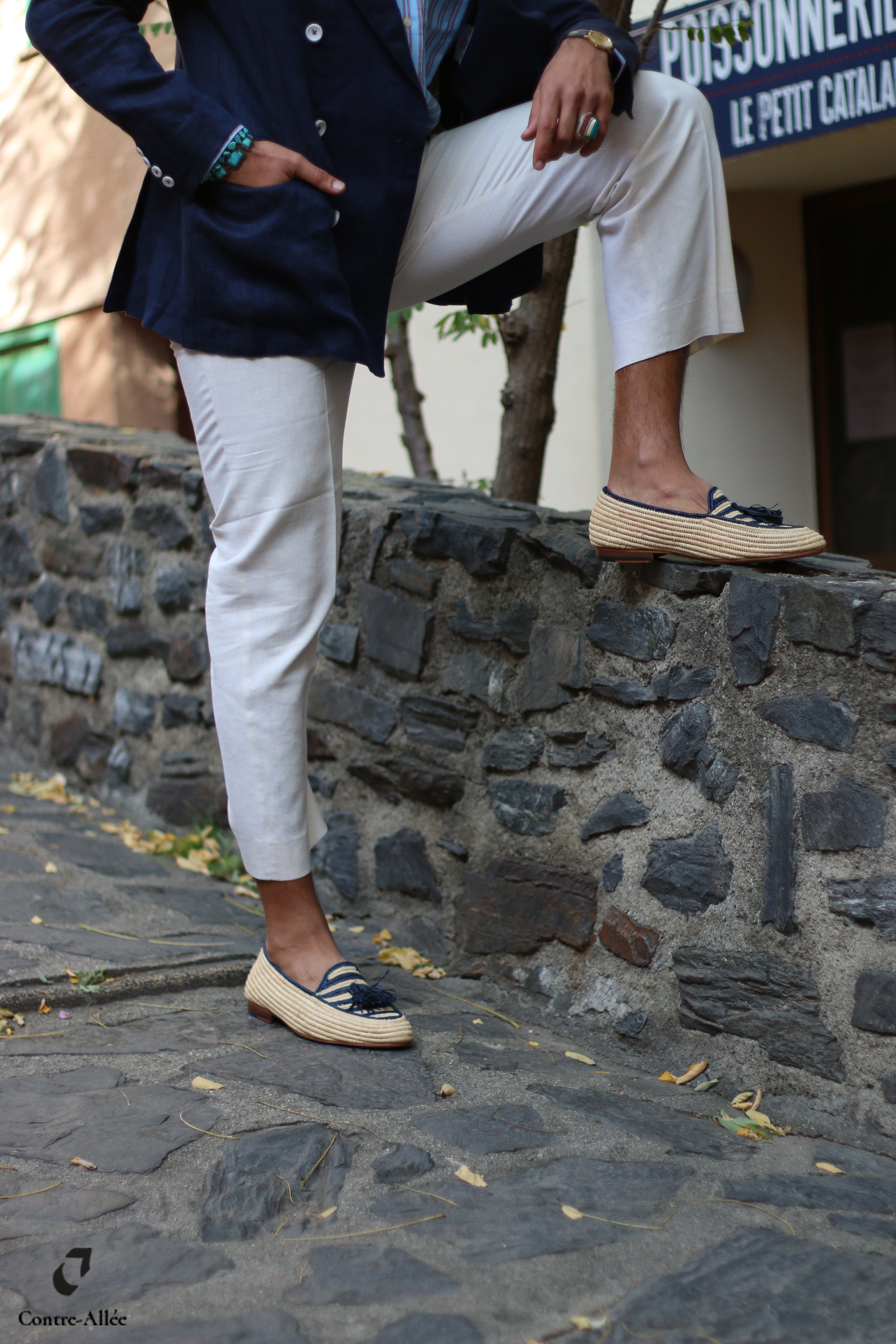Contre-Allée Elfida mocassin homme raphia naturel bleu